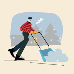 A man shovels snow with a snowplow. The action takes place in a snowy area, with a house visible in the background.