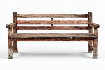 Wooden park bench stands freely on a white background showing natural texture and grain with no distractions, ideal for various design uses or layouts in presentations and projects