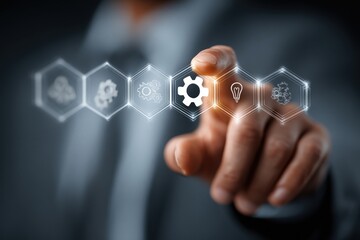 Businessman interacting with IT consulting icons to showcase strategic planning and technology integration for business development