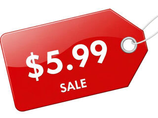 Red sale tag with $5.99 price label and string isolated on transparent background