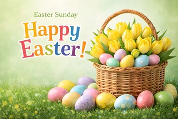 Easter greetings: &ldquo;Happy Easter&rdquo; lettering next to a woven basket full of spring flowers