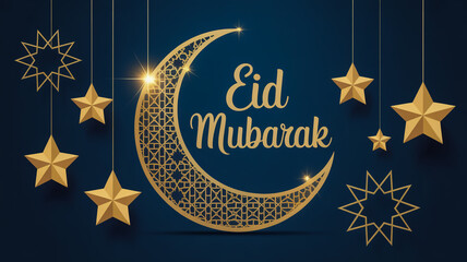 Golden crescent and stars on a dark blue background with Eid Mubarak greeting in script