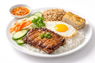 Asian specialty: Broken rice served with meat, egg, and pickled vegetables