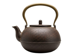 Vintage bronze teapot with textured surface and brass handle isolated on transparent background