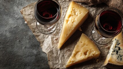 Red wine and assorted cheeses on rustic paper setting.