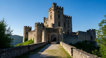Obraz premium A medieval castle stands majestically against a clear blue sky with a stone pathway leading to its entrance.