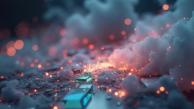 Abstract Digital Landscape with Clouds and Glowing Particles