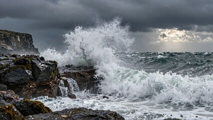 Stormy ocean waves crashing against rocky cliffs