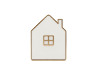 Simple white house icon with gold outline and chimney isolated on transparent background
