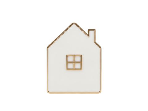 Simple white house icon with gold outline and chimney isolated on transparent background - Powered by Adobe