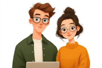 Young couple works together on laptop in bright setting with white background and smiles while collaborating on a task or project