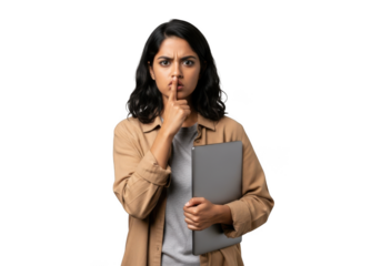 Young woman holding a folder and making a shushing gesture, looking directly at the camera with a serious expression isolated on transparent background