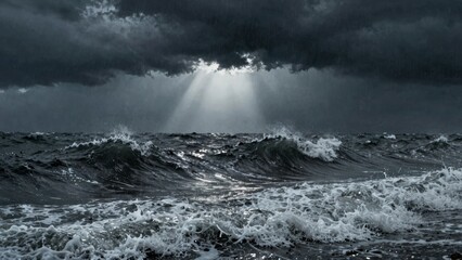 Stormy ocean with rain and sunbeams breaking through clouds