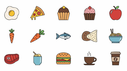 Collection of assorted food and drink icons in a flat design style.