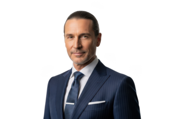 Confident mature businessman in navy blue suit and tie standing isolated on transparent background