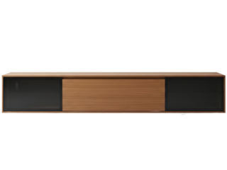 Modern wooden tv stand with sleek black glass doors and wooden drawer front, perfect for living room decor, isolated on transparent background