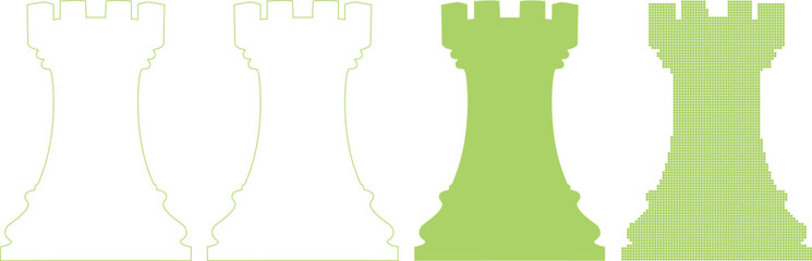 Four different green rook chess piece designs on white background © MDABDUS