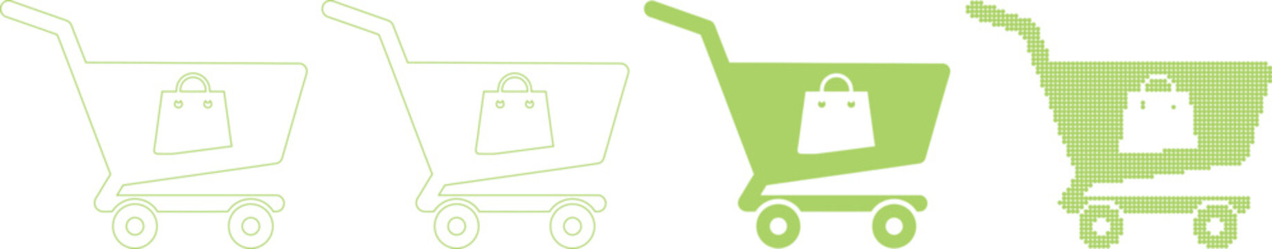 Four different green shopping cart icons with bags on white background for e commerce