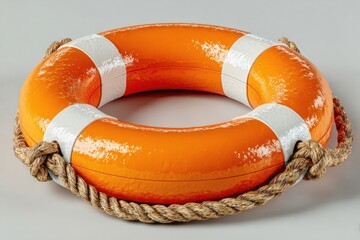 Bright orange lifebuoy with white stripes and rope, suitable for safety use near water locations at any time