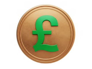 Golden coin with green pound symbol, currency sign, financial concept, isolated on transparent background