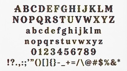 font alphabet in risograph texture style from a to z numbers punctuation isolated on white background