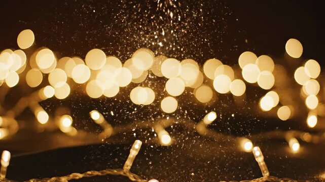 Falling blurred golden glitter with string lights on dark background. New Year decorative sparkling light bokeh overlay.