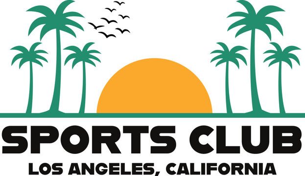 Los Angeles Sports Club Logo with Palm Trees and Sunset Vector Illustration