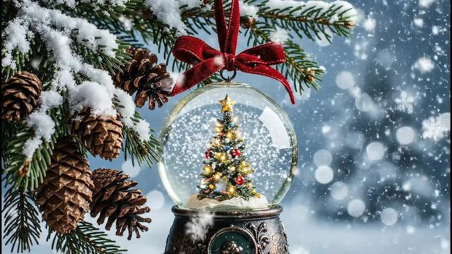 A single decorated Christmas tree inside a snow globe hanging at fir branches with pine cones, surrounded by falling white snow on a gentle blue background