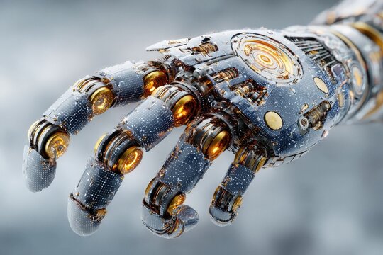 Robot hand secures blockchain digital ledger innovations for transactions and data management in a decentralized network system - Powered by Adobe