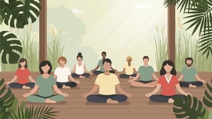 A diverse group of people meditating in a peaceful, open-air studio surrounded by lush green plants and natural light.