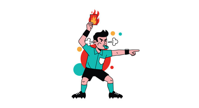 Energetic soccer referee blowing his whistle and showing a dramatic flaming red card while pointing with his other hand.