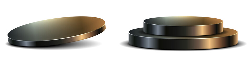 PNG Black and gold product display podium. Luxury golden 3D stand with metallic texture. Empty pedestal platform for transparent background