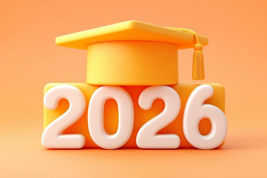 2026 graduation concept with mortarboard cap, 3D render on orange background