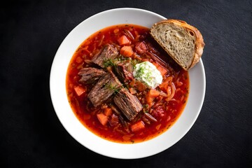 Classic red borscht with tender beef and a dollop of sour cream