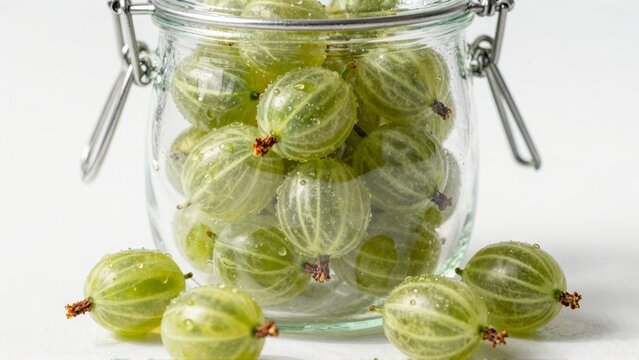 Green gooseberries in glass jar with water droplets - Powered by Adobe