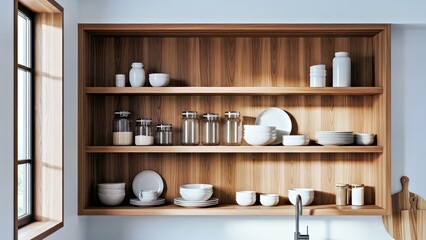 Kitchen Wooden Shelves White Dishware Glass Jars Vintage Natural Light Minimalist Organized Kitchen Accessories Modern.jpg