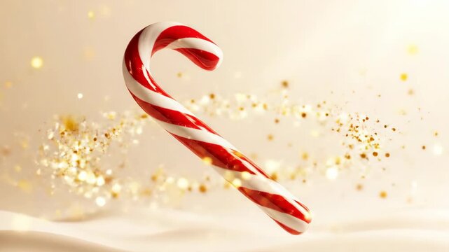 Red and white candy cane with glitter particles floating over snow drift, festive christmas holiday background for greeting card.