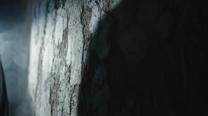 Shadow of a person cast on textured wall with smoke rising, creating an eerie and dramatic scene expressing mystery or emotional tension.