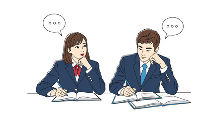 Male and female students in school uniforms sitting at desks, writing in their notebooks, and thinking deeply about their academic studies.
