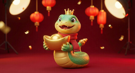 Cute 3D cartoon snake holding gold ingot, chinese new year 2025 zodiac celebration