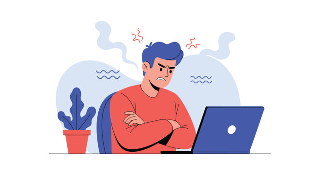 Angry man sitting at his laptop with arms crossed and steam coming from his head as a sign of extreme frustration and work stress.