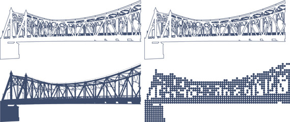 Four different illustrations of a steel bridge in various design styles and techniques used