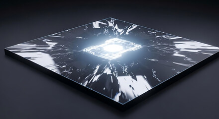 A sleek black square with a glowing white light in the center on a dark background