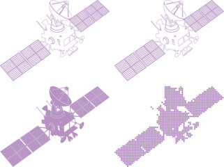 Four different purple satellite illustrations with solar panels and antennae in various styles