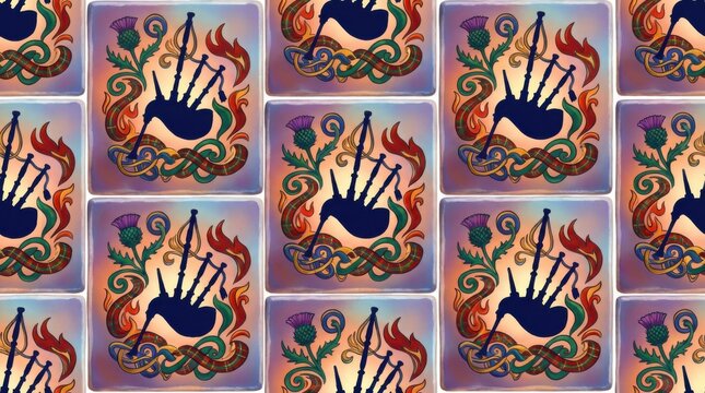 vibrant burns night scotland pattern tile template illustration template featuring silhouette of bagpipes and thistle flower on soft gradient background with gentle glow