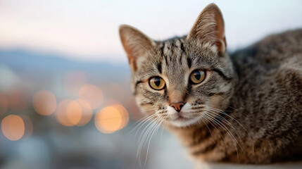 abby cat gazes forward, soft bokeh lights blur distant background.