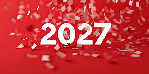 White 2027 text floats on red confetti background with festive motion.