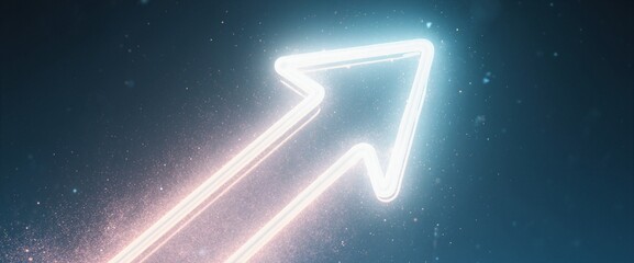 Glowing neon arrow ascending with particle dust trail and volumetric light effect