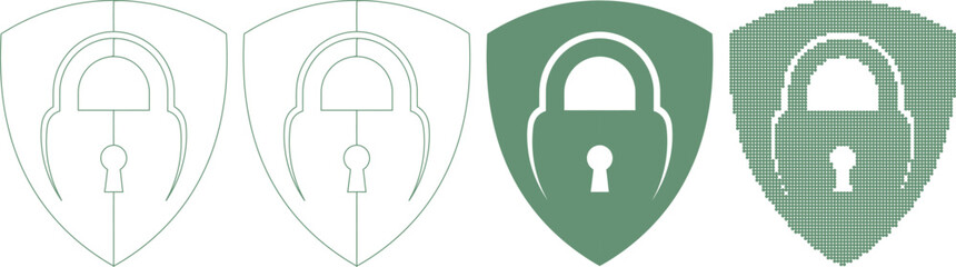 Green shield icons with padlock for security and protection concepts