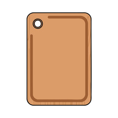 A simple rectangular wooden cutting board with a circular hole in the corner